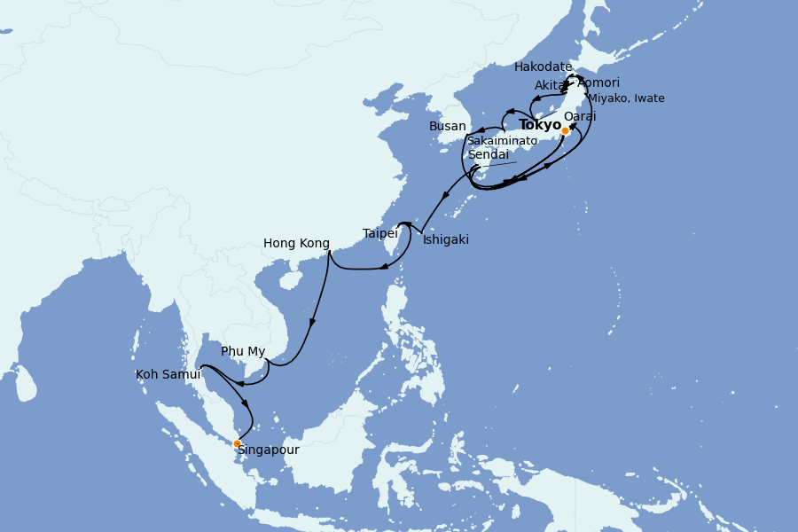 Itinéraire de la croisière Chine, Japon, Hong Kong, Taïwan, Corée du Sud 28 jours à bord du Seven Seas Explorer