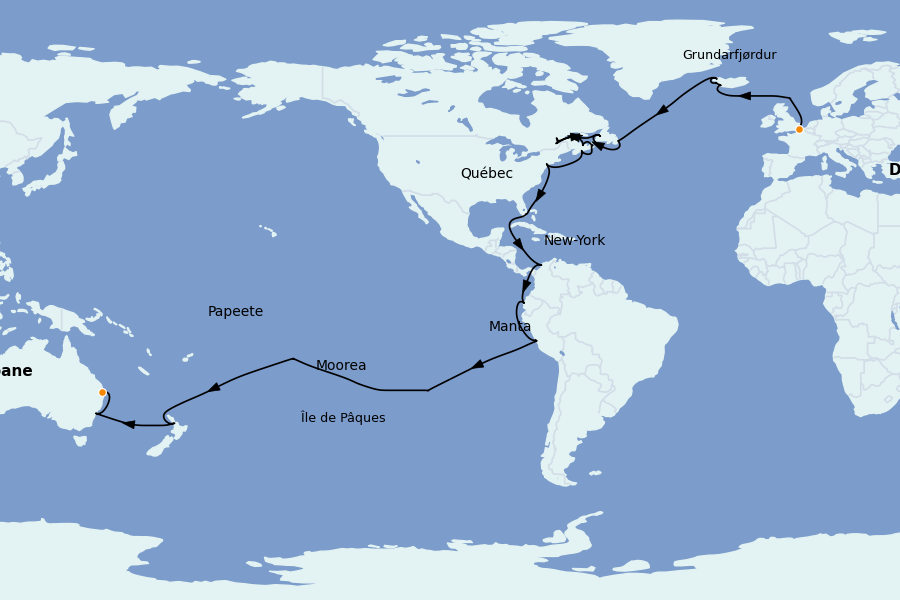 Itinéraire de la croisière TOUR DU MONDE 61 jours à bord du Crown Princess