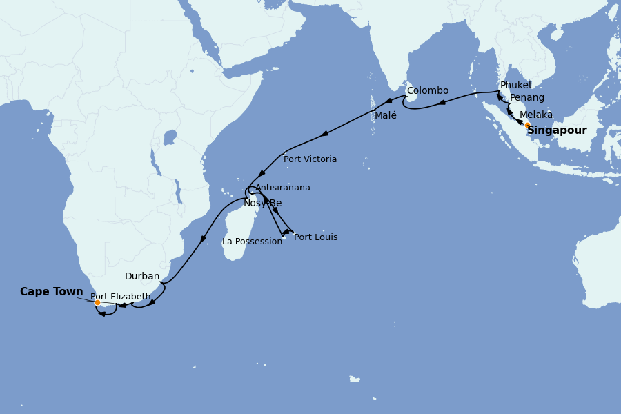 Itinéraire de la croisière Le Cap (Afrique du Sud), Côte Africaine 31 jours à bord du Seven Seas Mariner