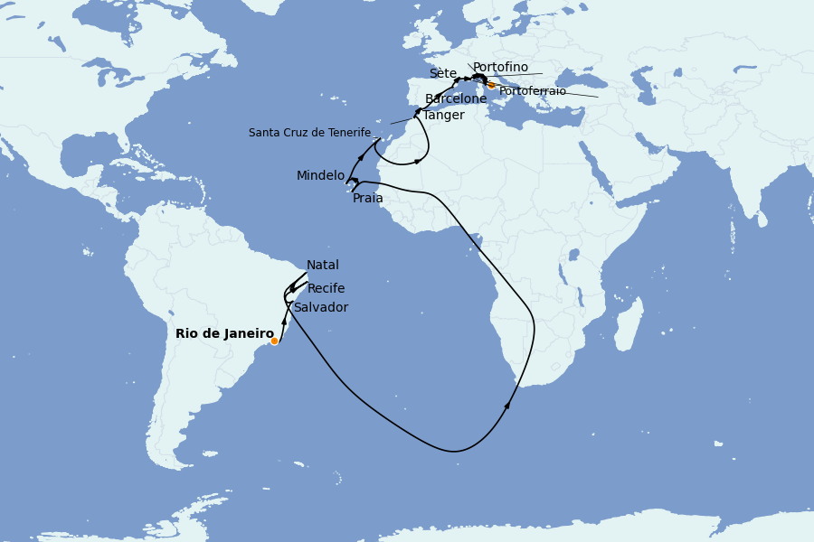 Itinerario del crucero Mediterráneo Occidental 31 días a bordo del Seabourn Venture