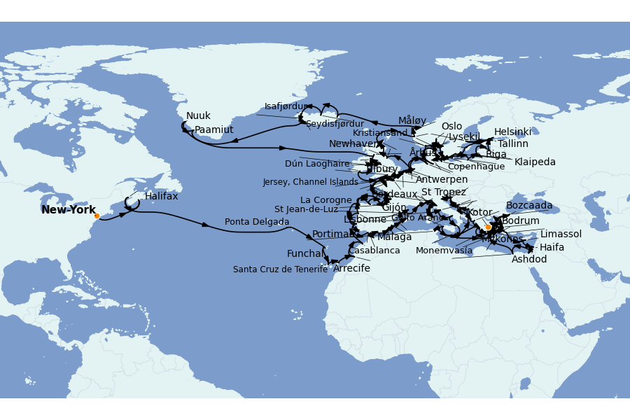 Itinéraire de la croisière Méditerranée Occidentale 174 jours à bord du Seven Seas Mariner