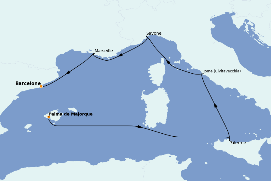 Itinerario del crucero Mediterráneo 6 días a bordo del Costa Smeralda
