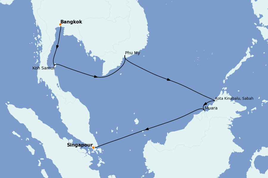 Itinéraire de la croisière Thaïlande, (Bali) Indonésie, Malaisie, Singapour, Vietnam, Birmanie, Philippines 10 jours à bord du Nautica
