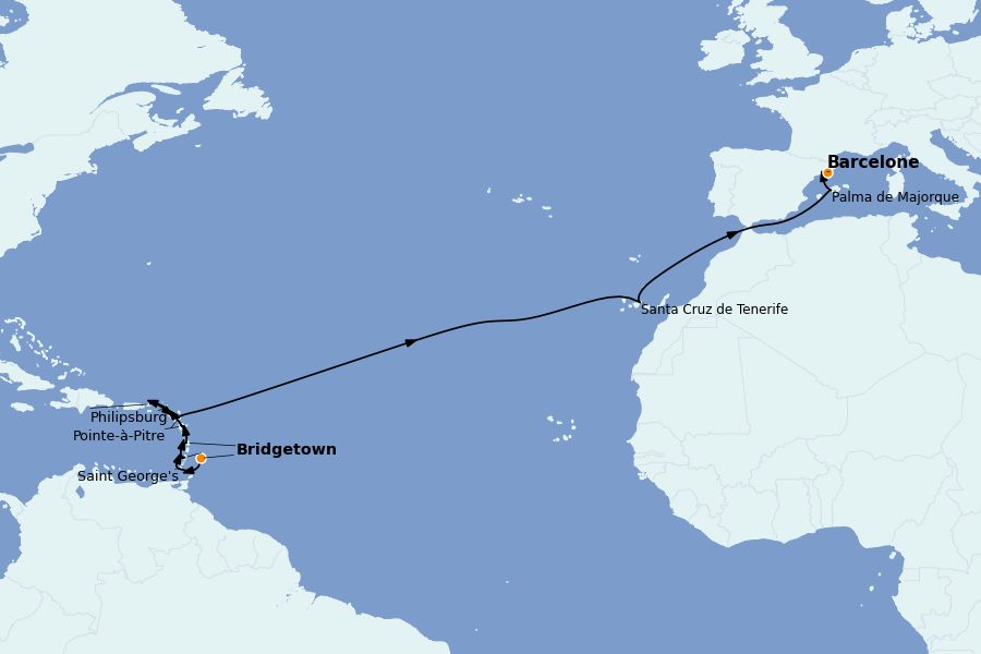 Itinéraire de la croisière TRANSATLANTIQUES ET GRANDS VOYAGES 19 jours à bord du MSC Seaview