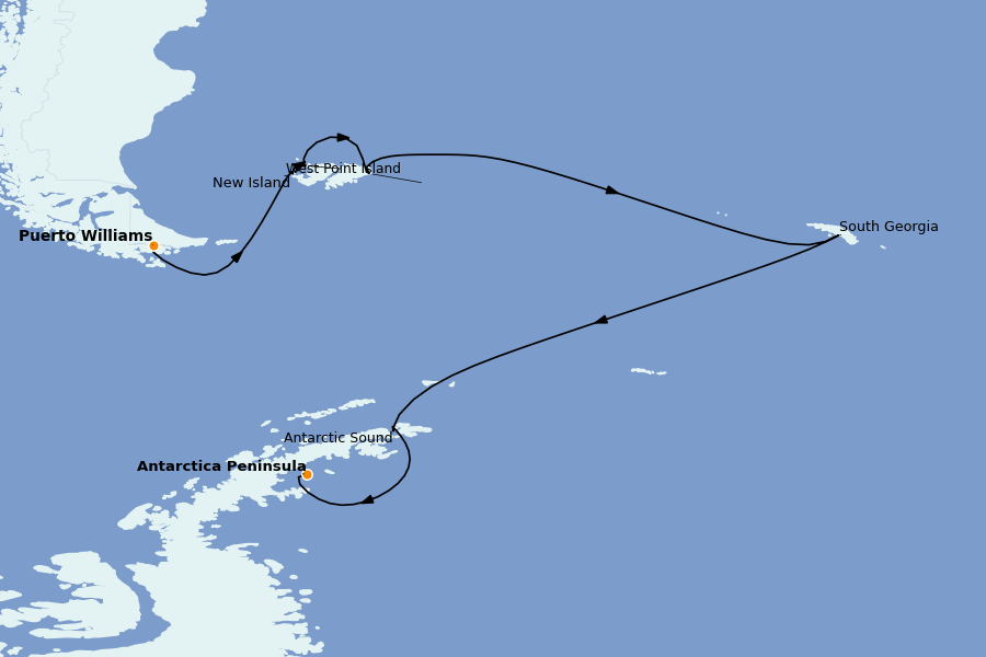 Itinéraire de la croisière Chili et Fjords Chiliens 15 jours à bord du Silver Cloud Expedition