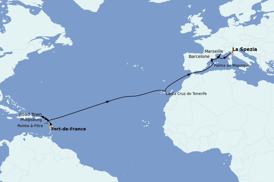 Itinéraire de la croisière TRANSATLANTIQUES ET GRANDS VOYAGES 17 jours à bord du MSC Seaview