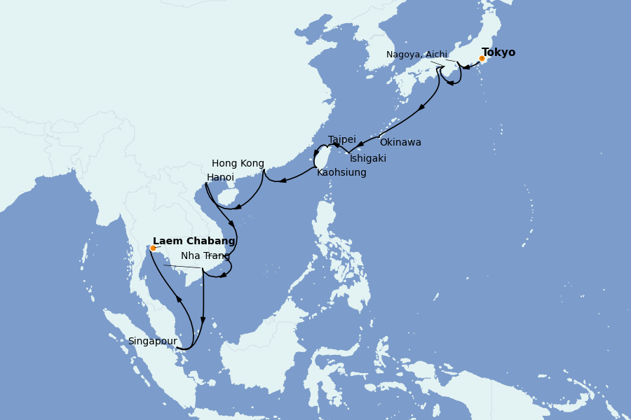 Itinéraire de la croisière Chine, Japon, Hong Kong, Taïwan, Corée du Sud 22 jours à bord du Seven Seas Explorer