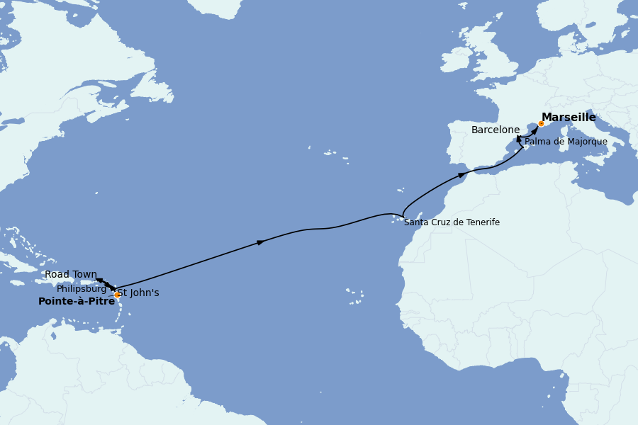 Itinerario del crucero TRASATLÁNTICOS 15 días a bordo del MSC Seaview