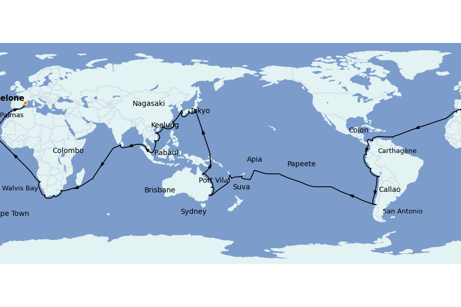 Itinerario del crucero VUELTA AL MUNDO 128 días a bordo del Costa Deliziosa