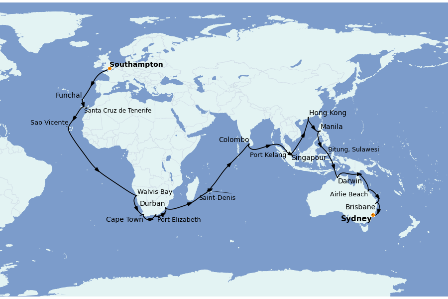 Itinerario del crucero Mediterráneo Occidental 65 días a bordo del Queen Anne