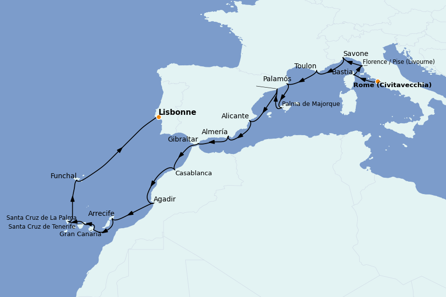 Itinerario del crucero Mediterráneo 19 días a bordo del Sirena