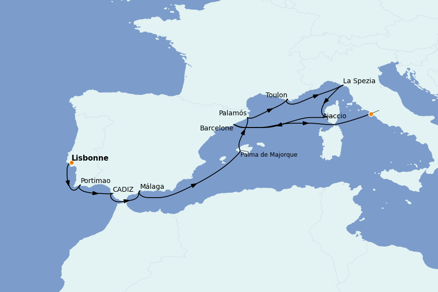 Itinéraire de la croisière Méditerranée Occidentale 14 jours à bord du Sirena