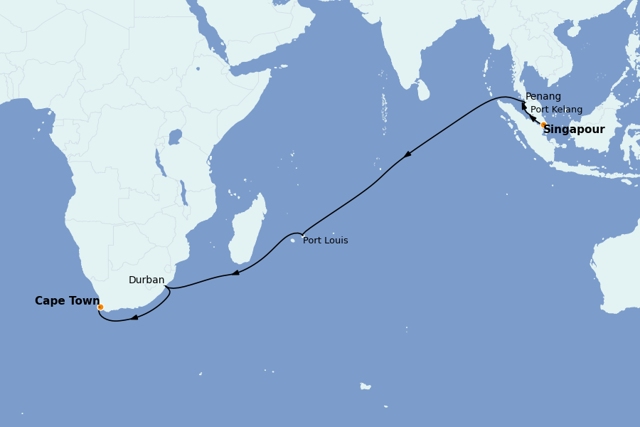 Itinerario del crucero Vuelta al mundo 2025 17 días a bordo del Queen Anne