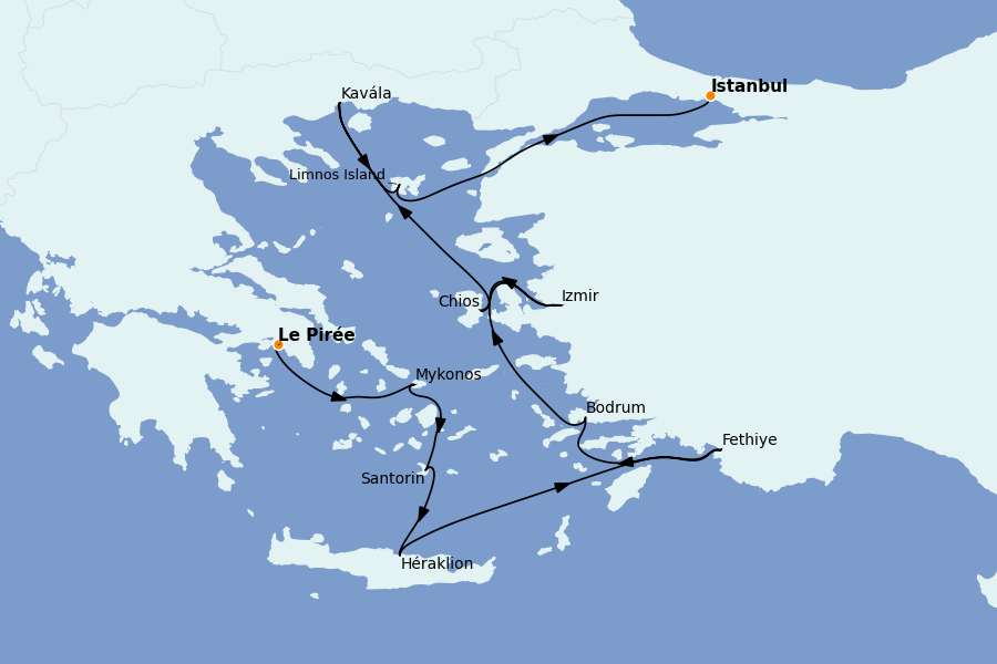 Itinéraire de la croisière Îles Grecques, Adriatique et Turquie - Méditerranée Orientale 10 jours à bord du Allura