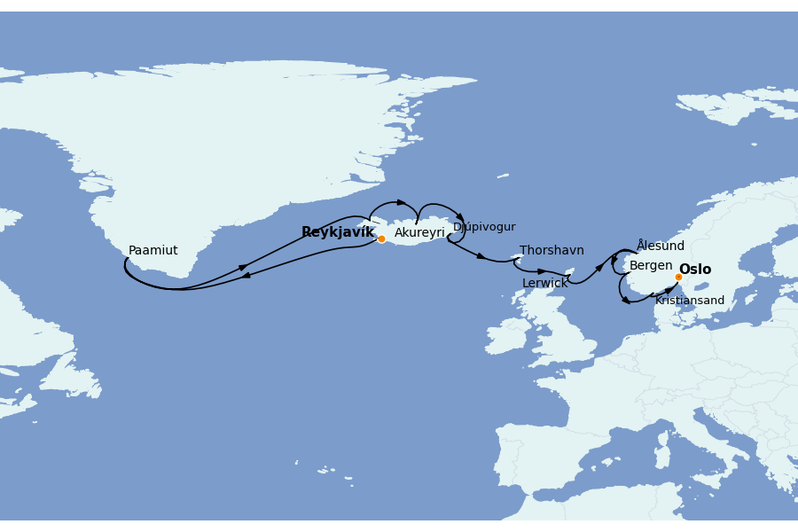 Itinéraire de la croisière Fjords Norvégiens et Scandinavie 14 jours à bord du Norwegian Star