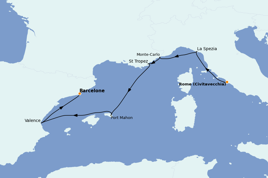 Itinerario del crucero Mediterráneo Occidental 7 días a bordo del Explora I