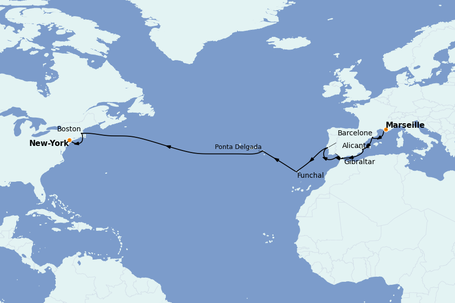 Itinéraire de la croisière TRANSATLANTIQUES ET GRANDS VOYAGES 20 jours à bord du MSC Meraviglia