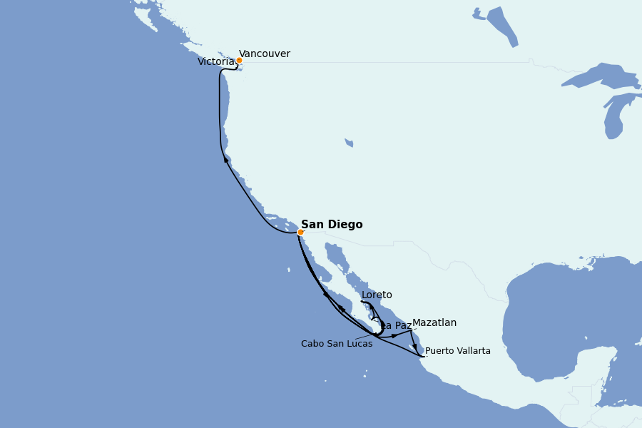 Itinéraire de la croisière Riviera Mexicaine et Amérique Centrale (Côte Pacifique) 18 jours à bord du Ms Zaandam