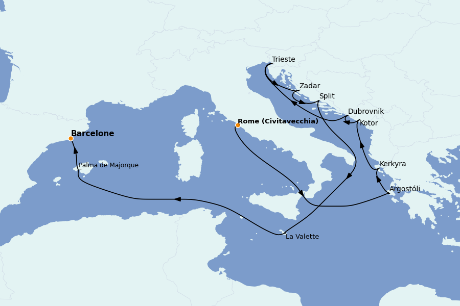 Itinéraire de la croisière Méditerranée Occidentale 14 jours à bord du Queen Victoria