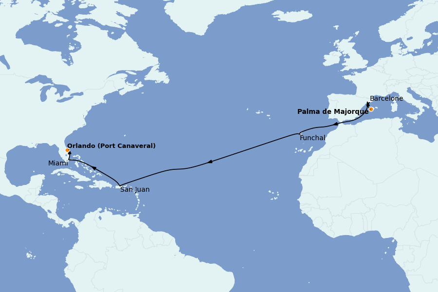Itinéraire de la croisière TRANSATLANTIQUES ET GRANDS VOYAGES 15 jours à bord du MSC Grandiosa