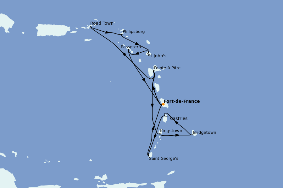 Itinéraire de la croisière Caraïbes de l'Est (Antilles) 14 jours à bord du MSC Virtuosa