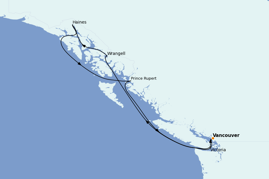 Itinéraire de la croisière Alaska, Canada et Glacières 9 jours à bord du Explora III
