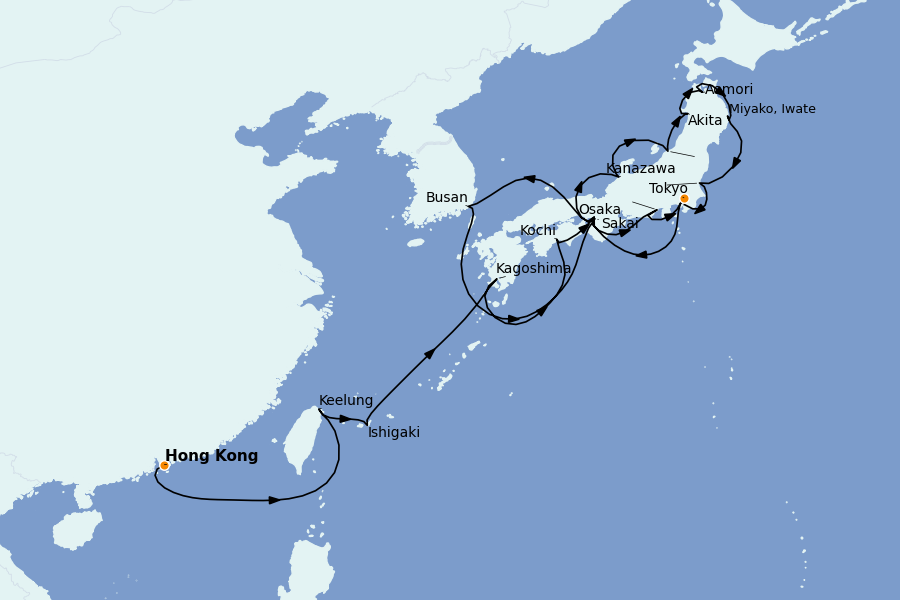 Itinéraire de la croisière Chine, Japon, Hong Kong, Taïwan, Corée du Sud 26 jours à bord du Seabourn Encore