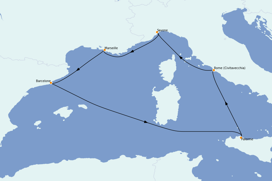 Itinerario del crucero Mediterráneo 6 días a bordo del Costa Smeralda