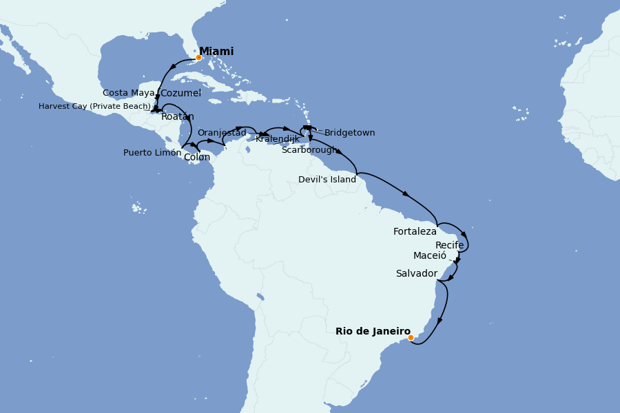 Itinerario del crucero Caribe del Este (Antillas) 30 días a bordo del Seven Seas Splendor