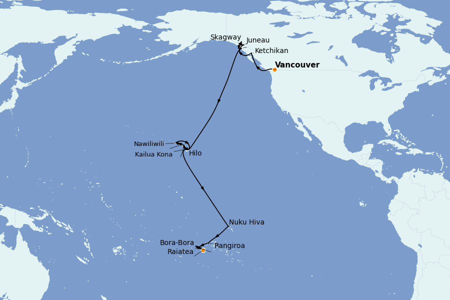 Itinéraire de la croisière Alaska, Canada et Glacières 30 jours à bord du Riviera