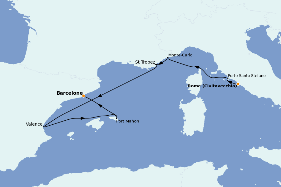 Itinéraire de la croisière Méditerranée Occidentale 7 jours à bord du Explora I