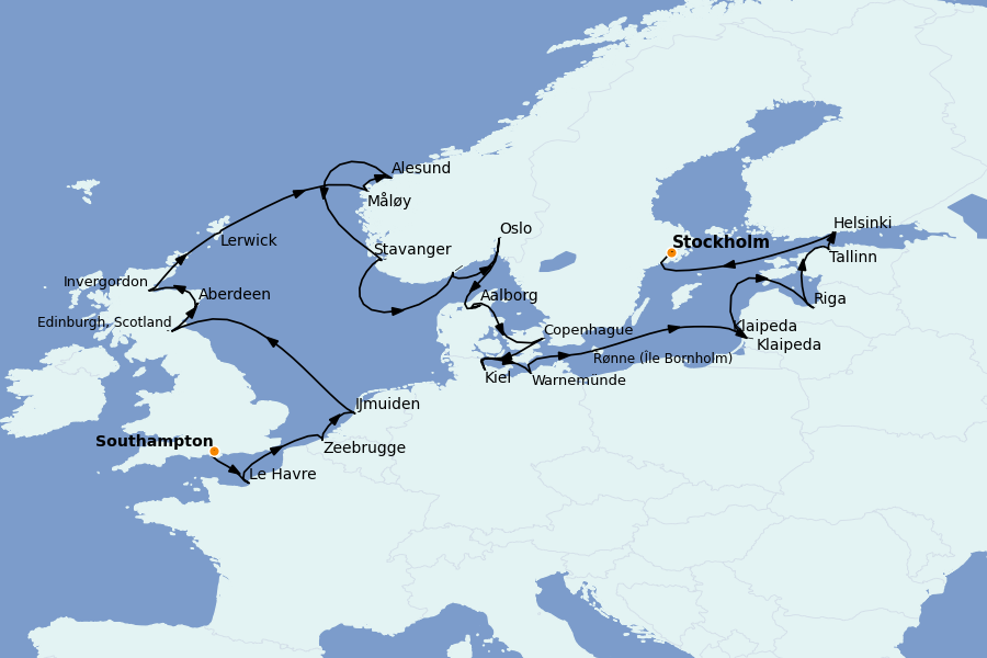 Itinéraire de la croisière Mer Baltique - Russie - Mer du Nord 24 jours à bord du Sirena