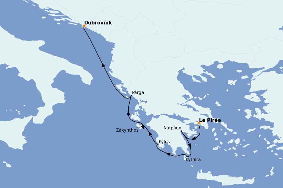 Itinerario del crucero Mediterráneo Oriental: Islas Griegas, Adriático y Turquía 8 días a bordo del Le Dumont d'Urville