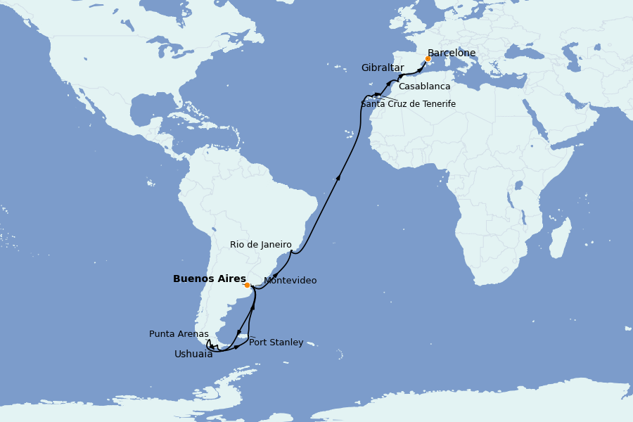 Itinerario del crucero Suramérica 35 días a bordo del Sapphire Princess