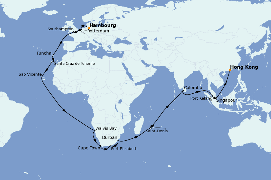 Itinerario del crucero Ciudad del Cabo 52 días a bordo del Queen Anne