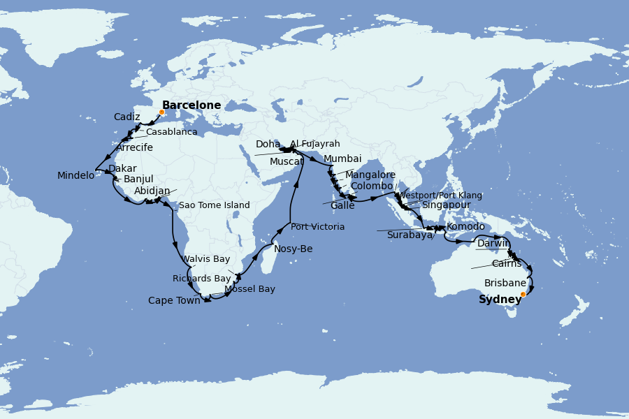 Itinerario del crucero Mediterráneo Occidental 84 días a bordo del Seven Seas Navigator