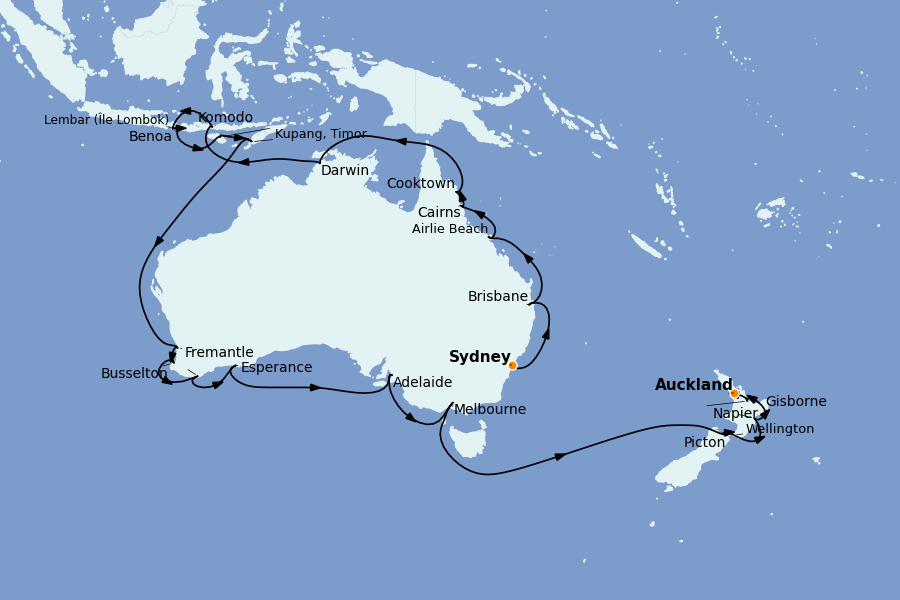 Itinéraire de la croisière Thaïlande, (Bali) Indonésie, Malaisie, Singapour, Vietnam, Birmanie, Philippines 40 jours à bord du Riviera