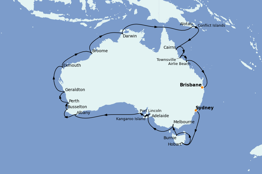 Itinéraire de la croisière AUSTRALIE ET NOUVELLE-ZÉLANDE 37 jours à bord du Seabourn Quest