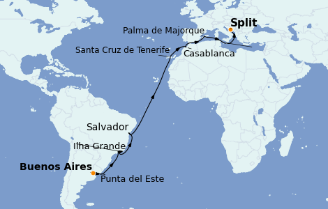 Itinerario del crucero Trasatlántico y Grande Viaje 2023 23 días a bordo del MSC Musica