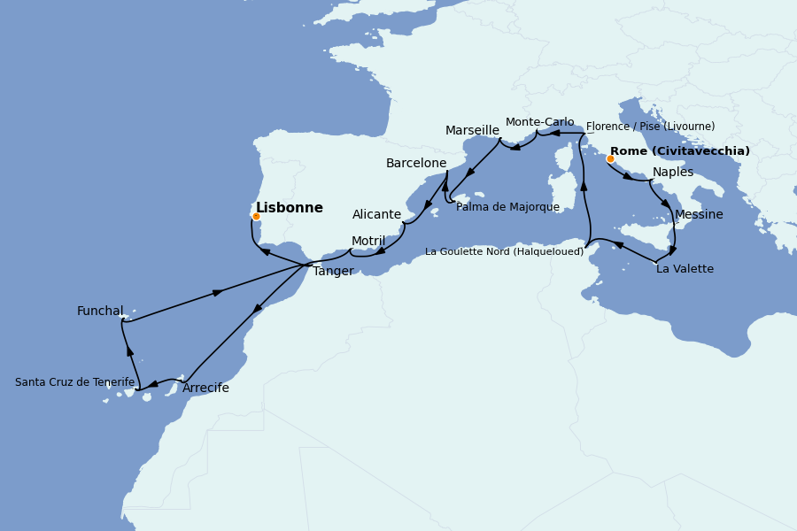 Itinerario del crucero Mediterráneo 20 días a bordo del Sirena