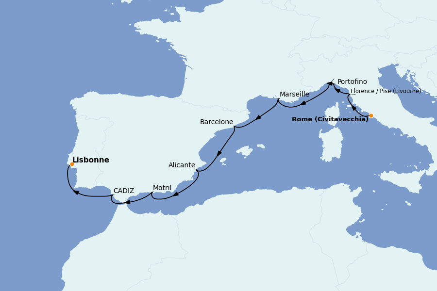 Itinéraire de la croisière Méditerranée Occidentale 10 jours à bord du Sirena