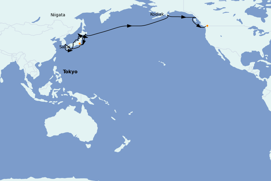 Itinéraire de la croisière Alaska, Canada et Glacières 32 jours à bord du Seabourn Encore