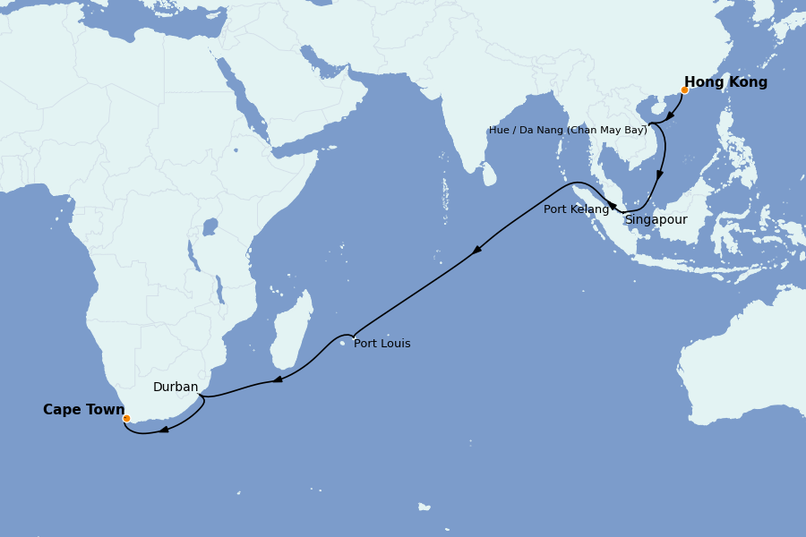 Itinerario del crucero Ciudad del Cabo 22 días a bordo del Queen Mary 2