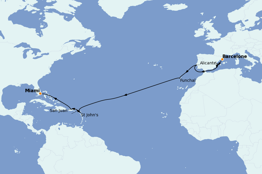 Itinéraire de la croisière TRANSATLANTIQUES ET GRANDS VOYAGES 17 jours à bord du MSC Divina