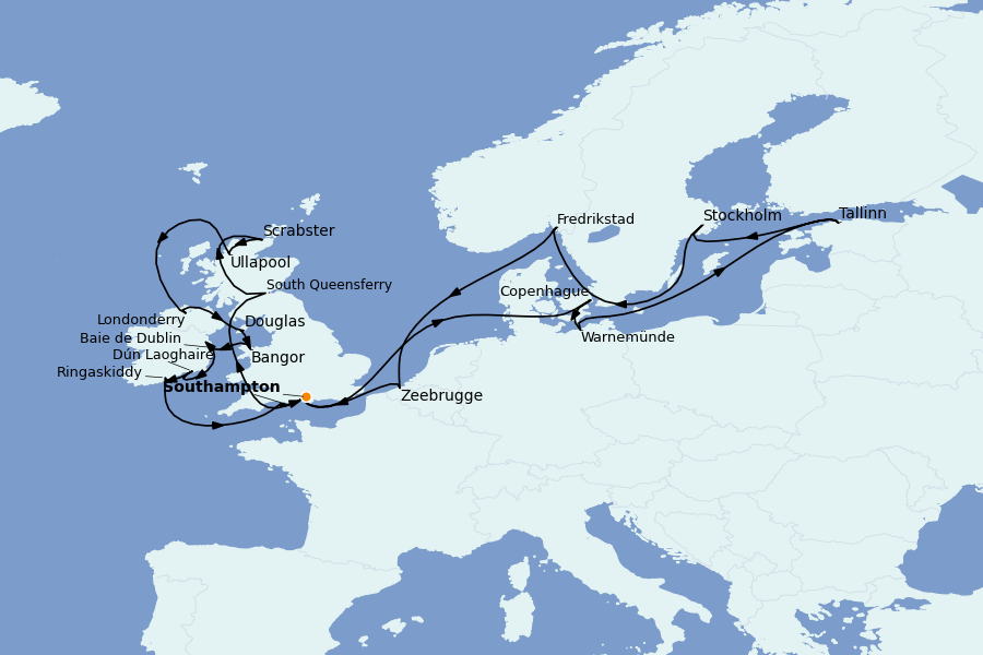 Itinéraire de la croisière Mer Baltique - Russie - Mer du Nord 26 jours à bord du Marina