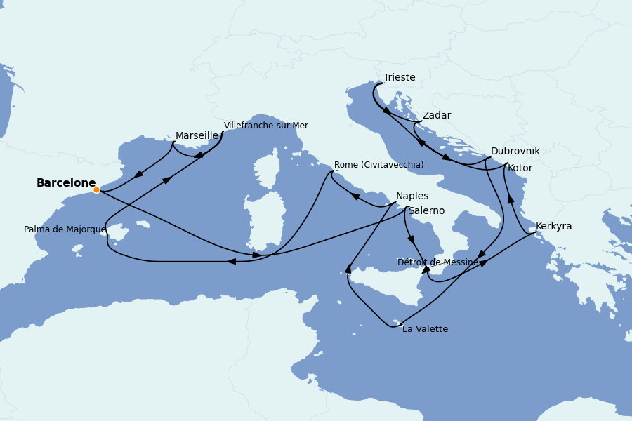 Itinéraire de la croisière Méditerranée Occidentale 21 jours à bord du Queen Victoria