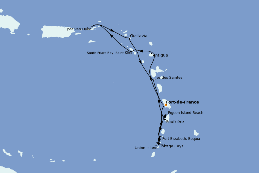 Itinéraire de la croisière Caraïbes de l'Est (Antilles) 12 jours à bord du Le Bellot