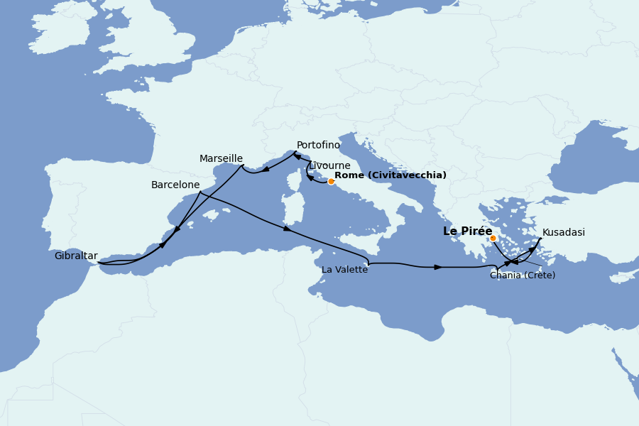 Itinéraire de la croisière Méditerranée Occidentale 14 jours à bord du Ms Oosterdam