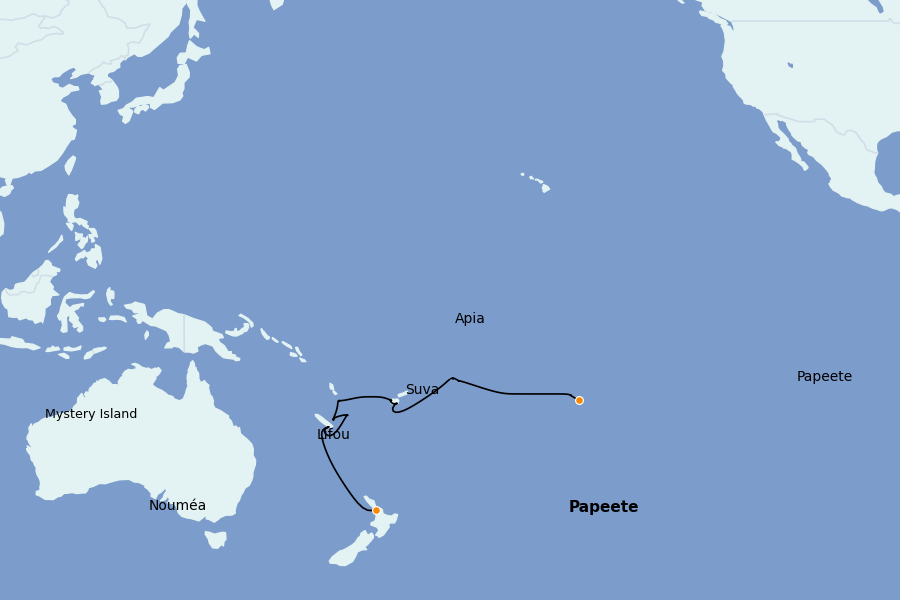 Itinéraire de la croisière Tahiti, Bora Bora, Cook Islands, Nouvelle-Calédonie, Fidji, Vanuatu, Samoa, Salomon 19 jours à bord du Seven Seas Mariner
