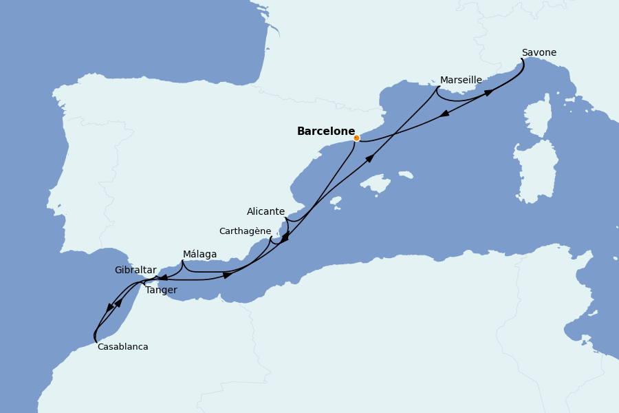Itinéraire de la croisière Méditerranée Occidentale 11 jours à bord du Costa Diadema